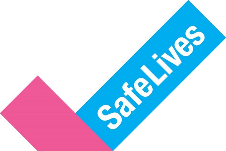 Pink and blue tick. Words Safe Lives written in white, This is the SafeLives logo